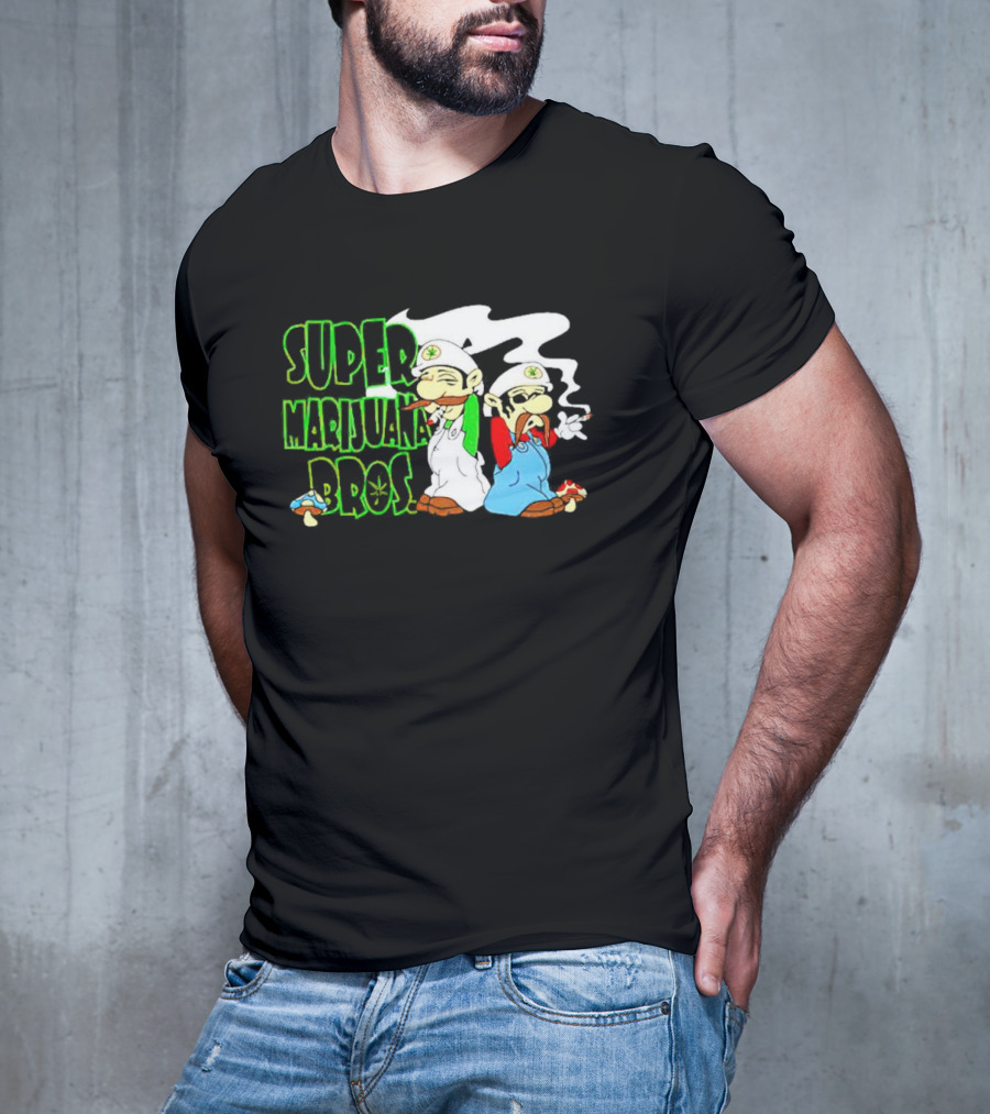 Super Marijuana Bros Weed Parody With Smoking Characters And Mushrooms T-Shirt