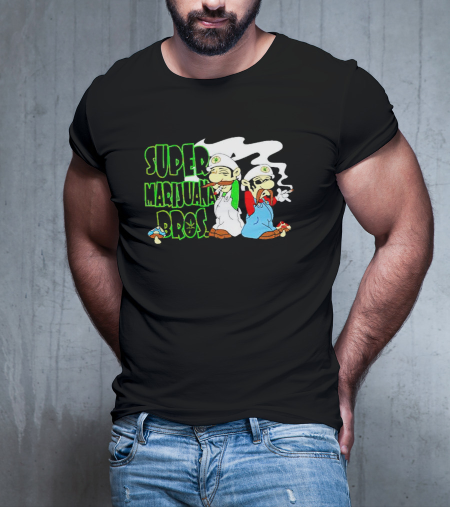 Super Marijuana Bros Weed Parody With Smoking Characters And Mushrooms T-Shirt