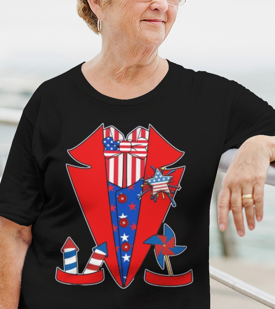 Patriotic Red White Blue Tuxedo With Stars Stripes And Rocket Pinwheels T-Shirt