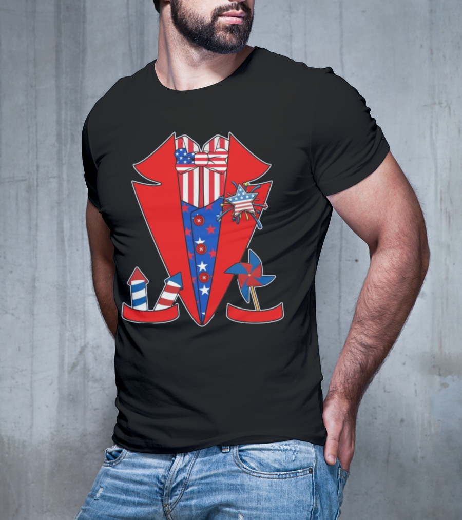 Patriotic Red White Blue Tuxedo With Stars Stripes And Rocket Pinwheels T-Shirt