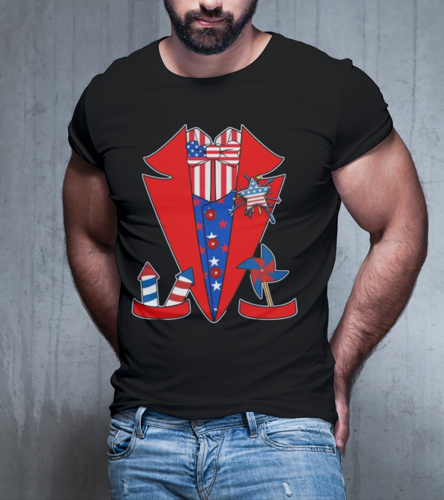Patriotic Red White Blue Tuxedo With Stars Stripes And Rocket Pinwheels T-Shirt