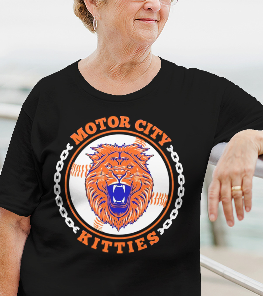 Motor City Kitties Baseball MLB Detroit Tigers Lion Chain Emblem T-Shirt