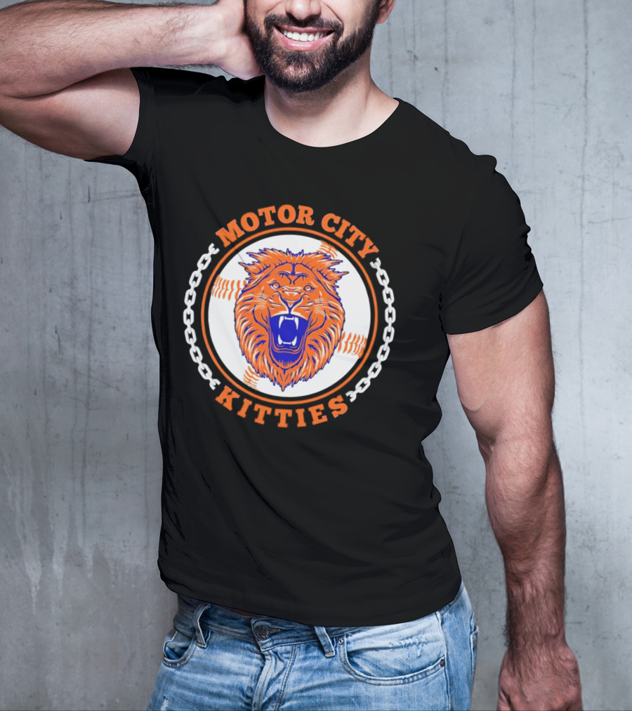 Motor City Kitties Baseball MLB Detroit Tigers Lion Chain Emblem T-Shirt
