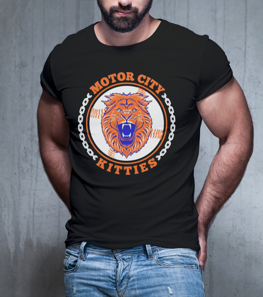 Motor City Kitties Baseball MLB Detroit Tigers Lion Chain Emblem T-Shirt