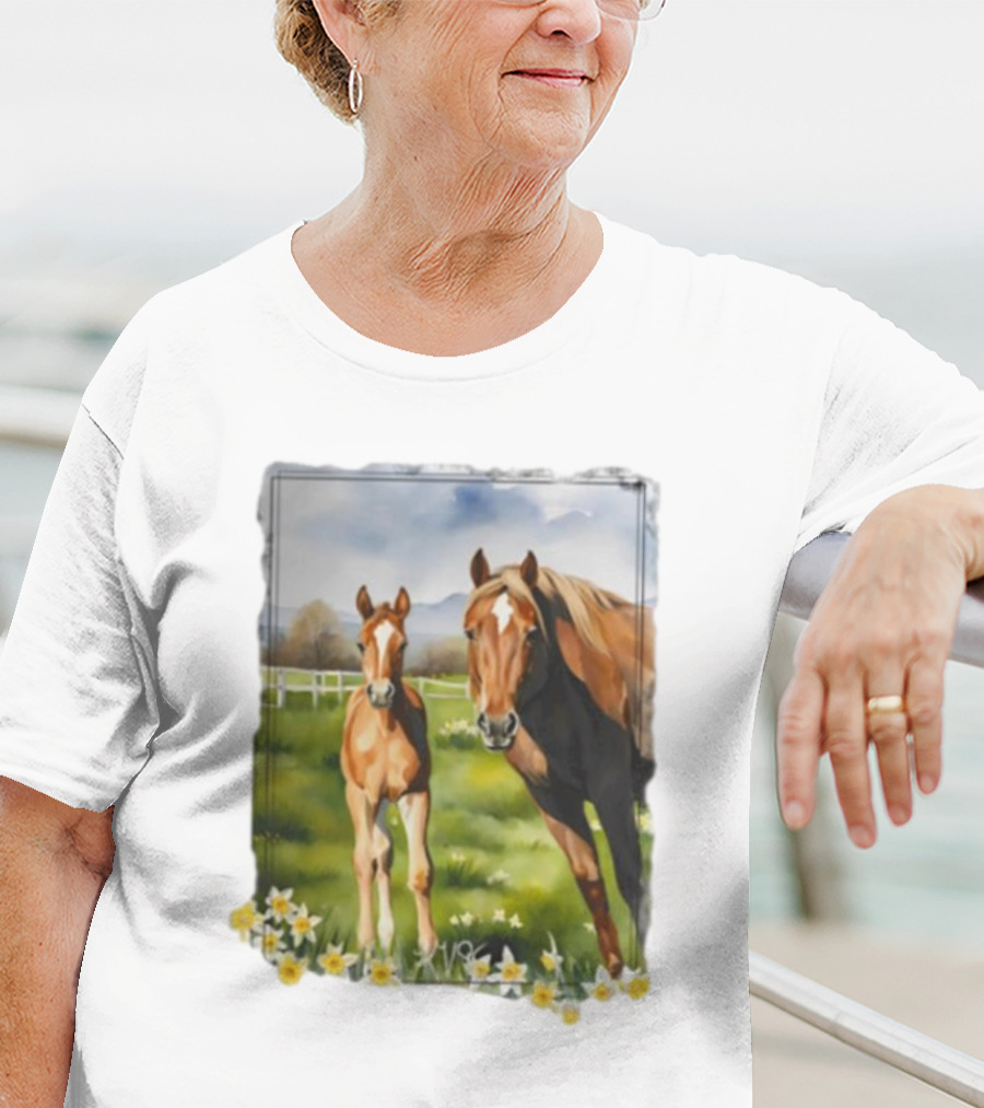 Ginger And Freddie Horses In Scenic Pasture With Daffodils T-Shirt