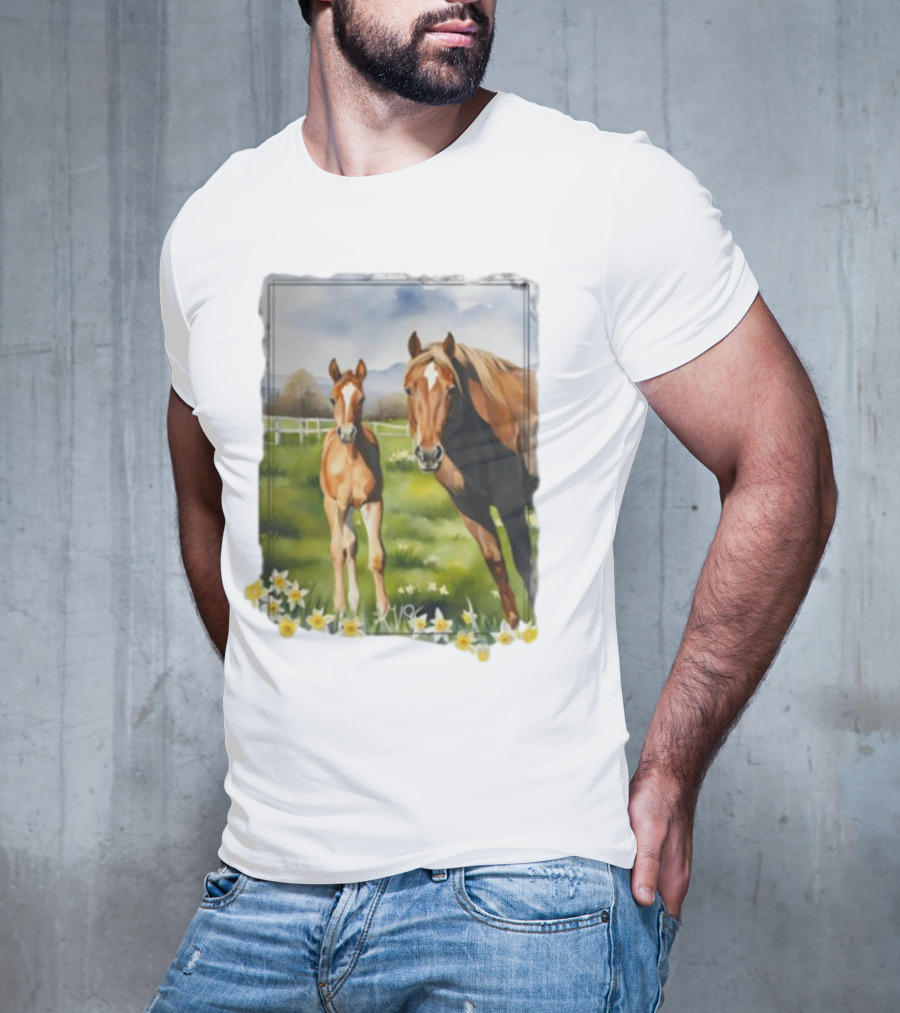 Ginger And Freddie Horses In Scenic Pasture With Daffodils T-Shirt