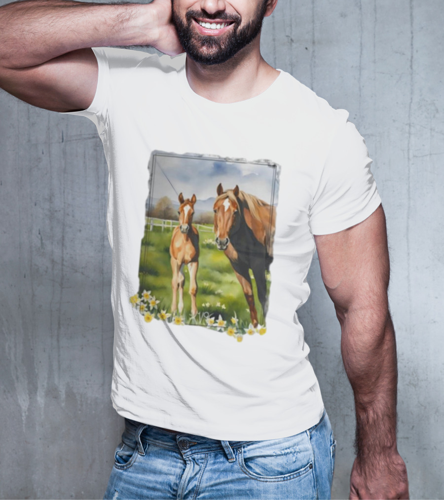 Ginger And Freddie Horses In Scenic Pasture With Daffodils T-Shirt