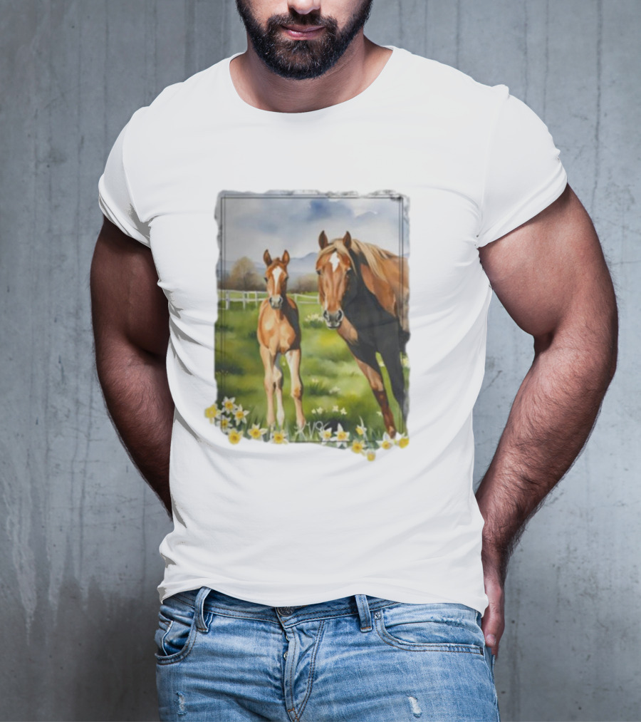 Ginger And Freddie Horses In Scenic Pasture With Daffodils T-Shirt
