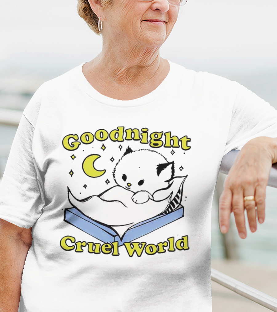 Goodnight Cruel World Cat On Open Book With Moon And Stars T-Shirt