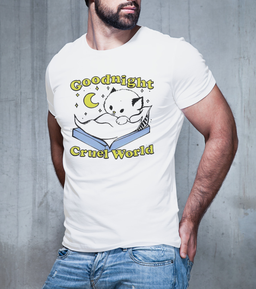 Goodnight Cruel World Cat On Open Book With Moon And Stars T-Shirt