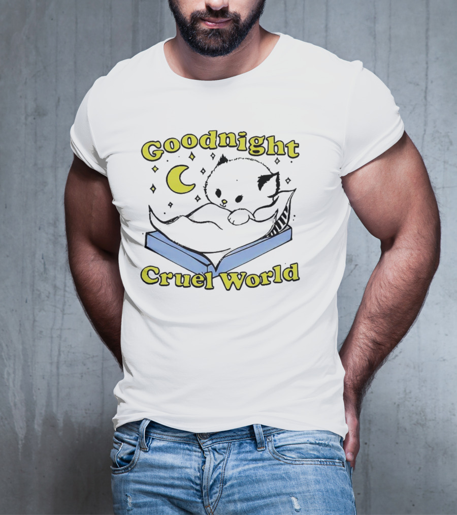 Goodnight Cruel World Cat On Open Book With Moon And Stars T-Shirt