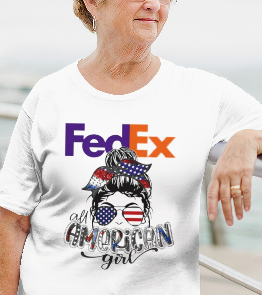 FedEx All American Girl Messy Bun Bandana And Sunglasses With Flag Elements T-Shirt