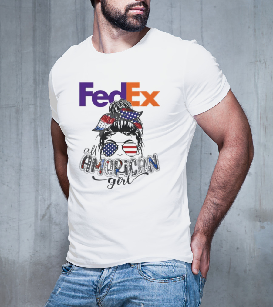 FedEx All American Girl Messy Bun Bandana And Sunglasses With Flag Elements T-Shirt