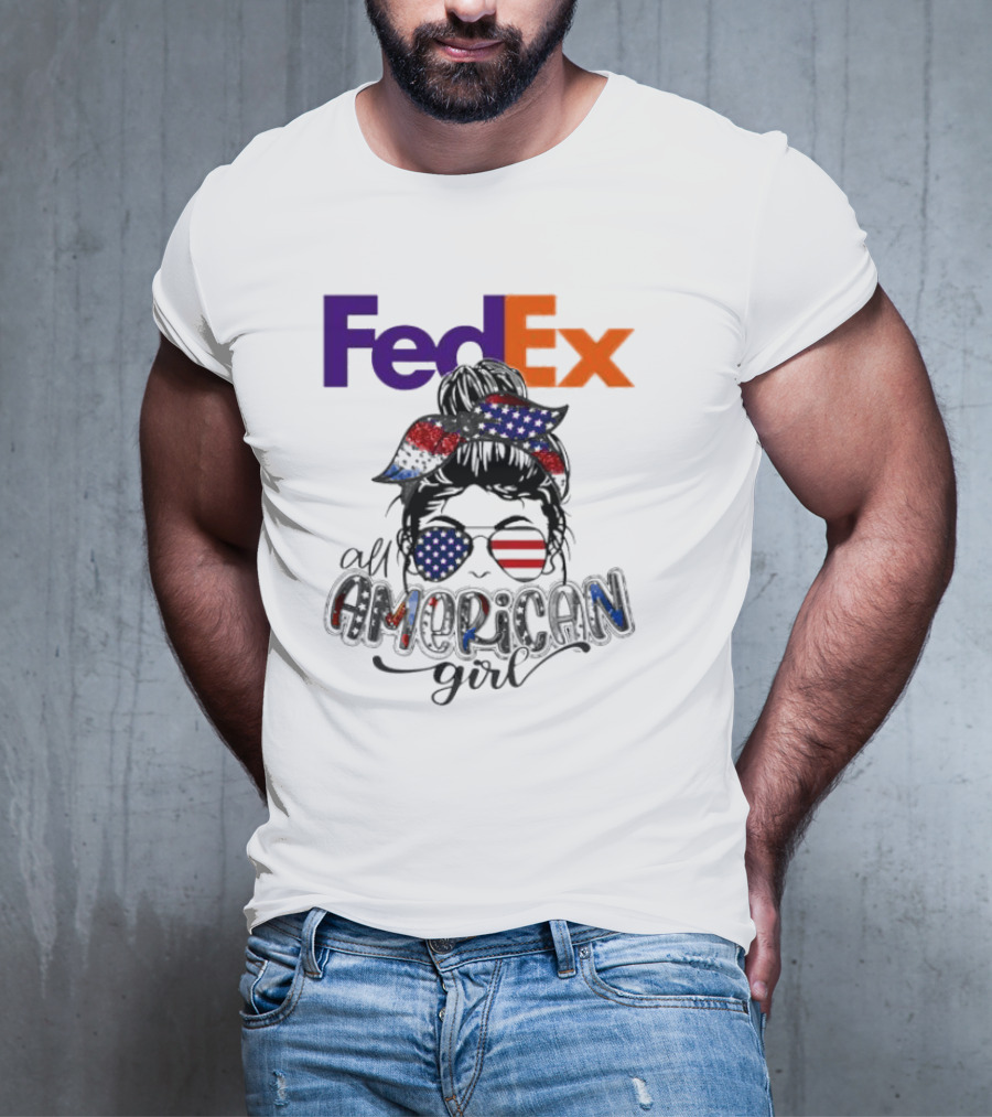 FedEx All American Girl Messy Bun Bandana And Sunglasses With Flag Elements T-Shirt