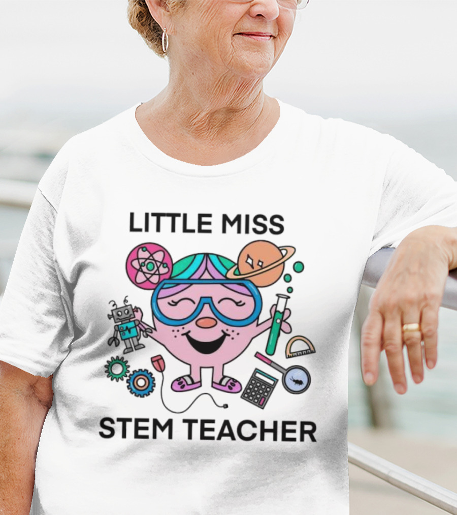Little Miss STEM Teacher Science Icons Robot Atom Calculator Planets Gears T-Shirt