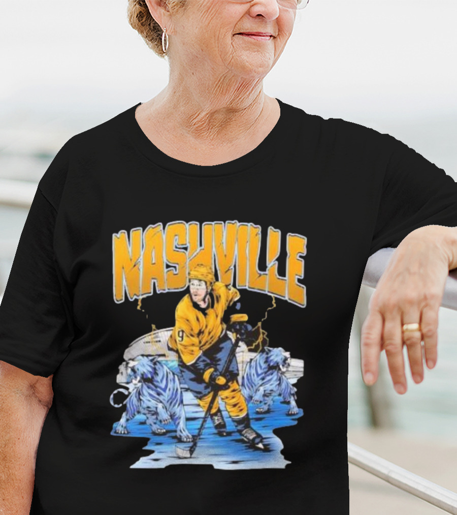 Nashville Predators Filip Forsberg Hockey Number 9 Action With Ice Background And Predators Lions T-Shirt