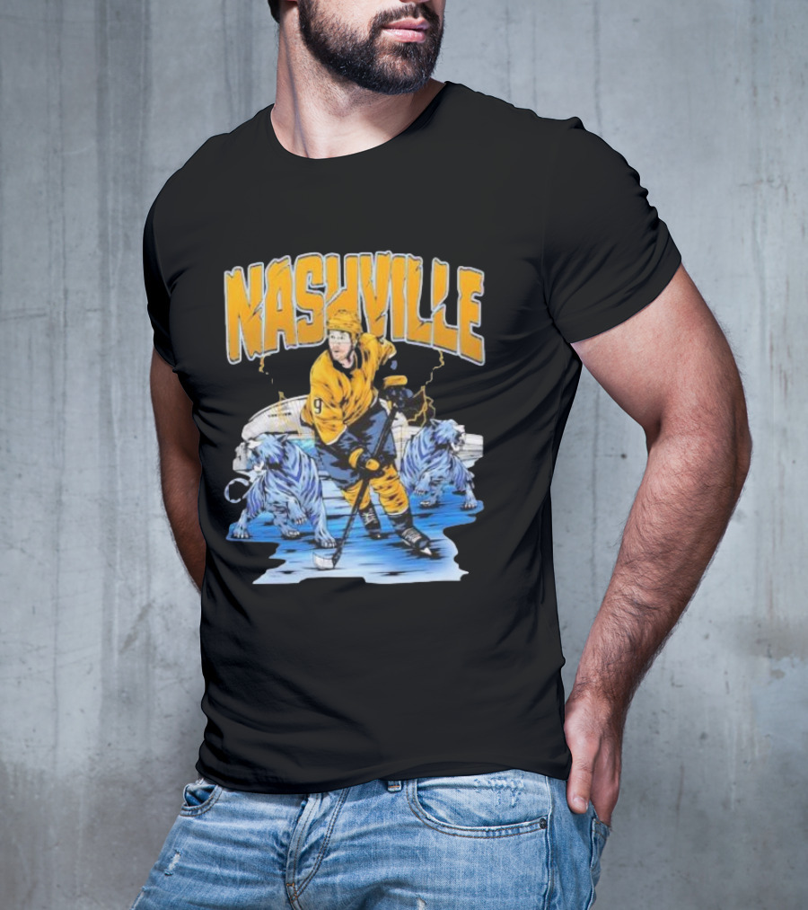 Nashville Predators Filip Forsberg Hockey Number 9 Action With Ice Background And Predators Lions T-Shirt