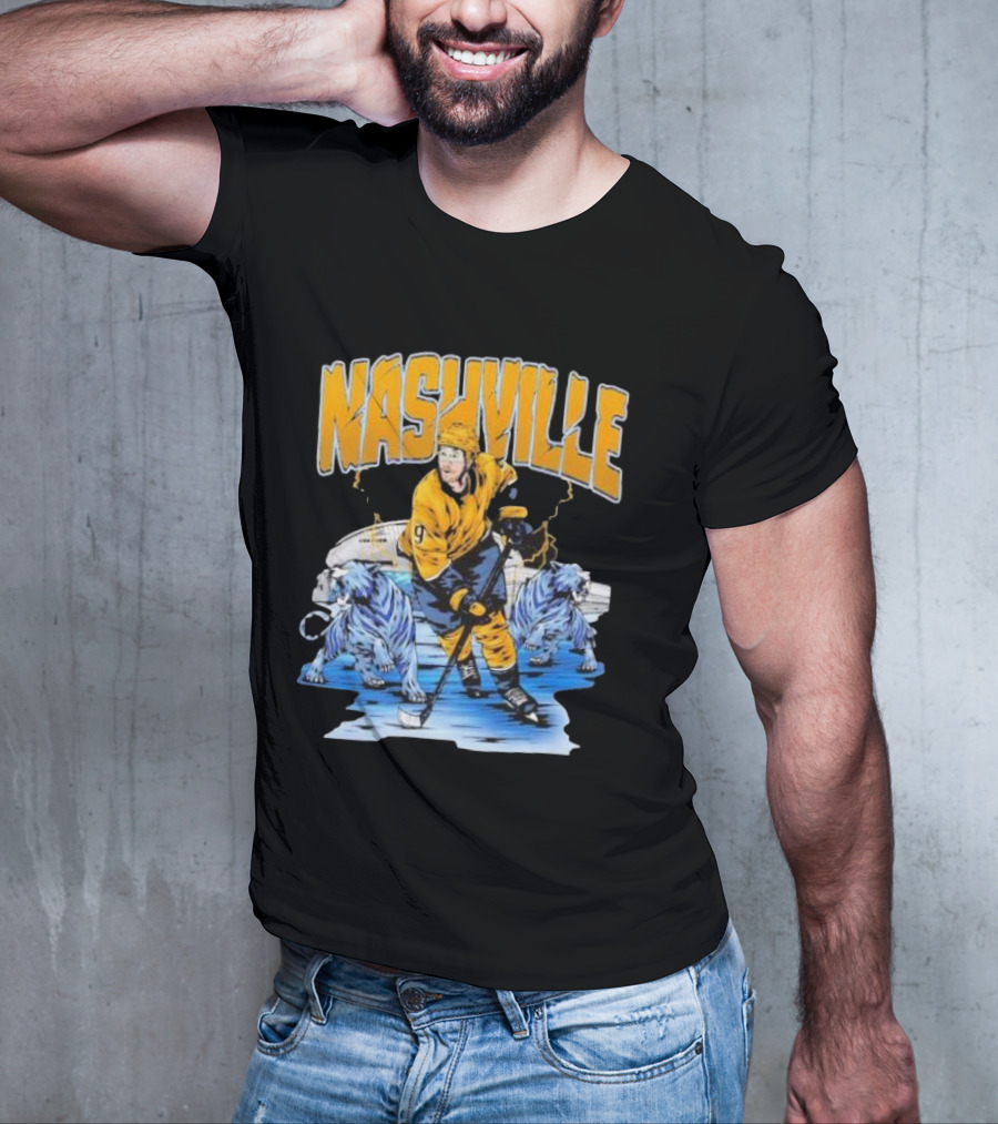 Nashville Predators Filip Forsberg Hockey Number 9 Action With Ice Background And Predators Lions T-Shirt