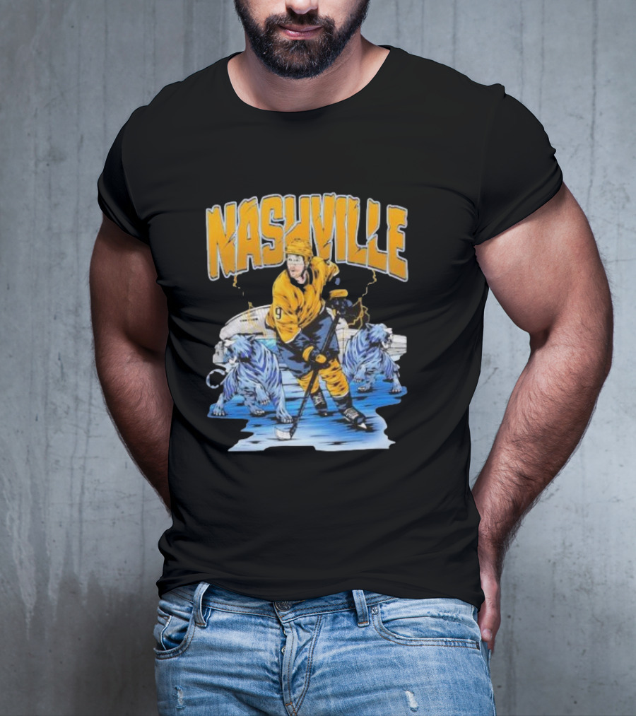 Nashville Predators Filip Forsberg Hockey Number 9 Action With Ice Background And Predators Lions T-Shirt