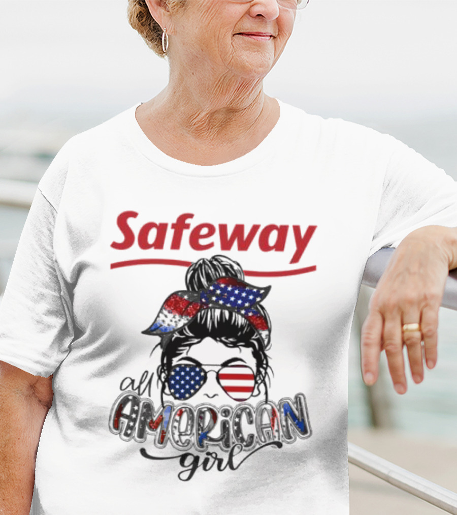 Safeway All American Girl Messy Bun Red White Blue Glasses Bandana T-Shirt