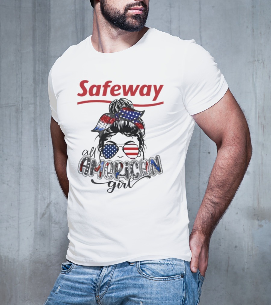 Safeway All American Girl Messy Bun Red White Blue Glasses Bandana T-Shirt