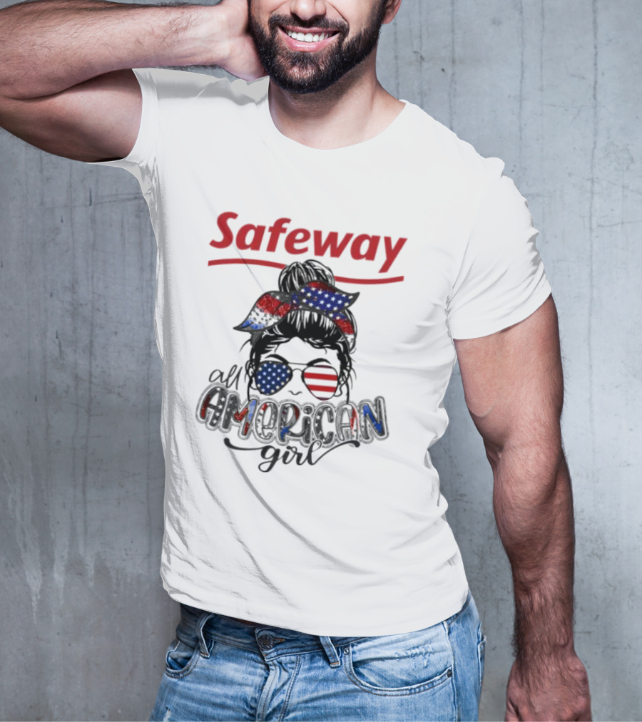 Safeway All American Girl Messy Bun Red White Blue Glasses Bandana T-Shirt