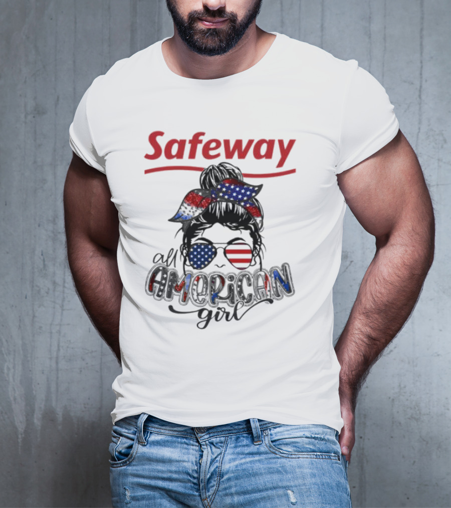 Safeway All American Girl Messy Bun Red White Blue Glasses Bandana T-Shirt
