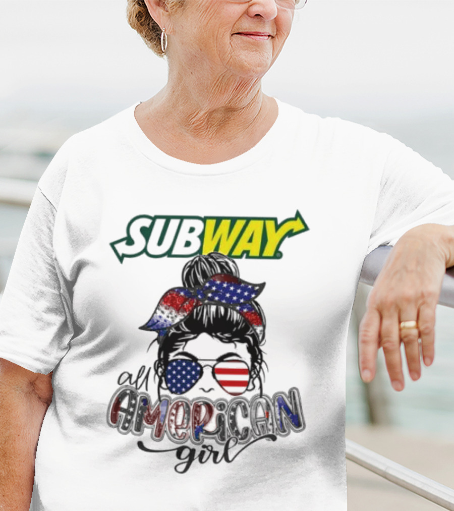 Subway All American Girl Messy Bun Patriotic Bandana And Sunglasses T-Shirt