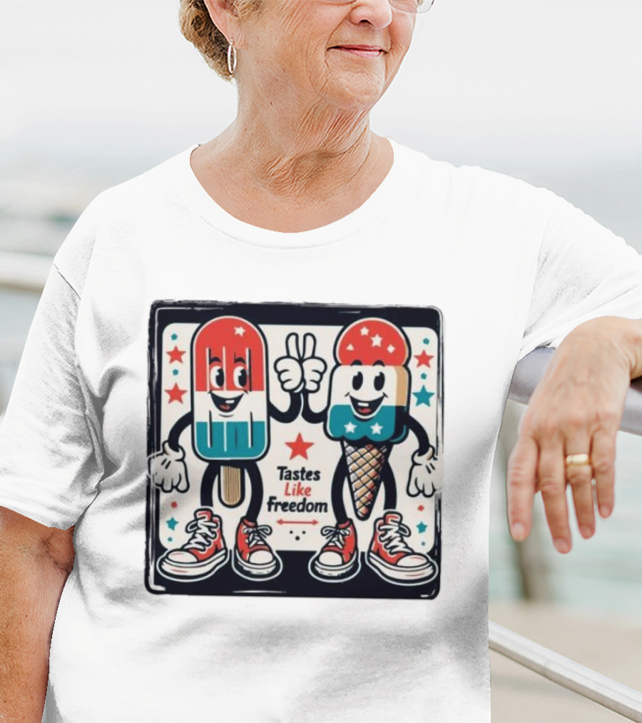 Tastes Like Freedom Popsicle And Ice Cream Characters With Stars And Sneakers T-Shirt