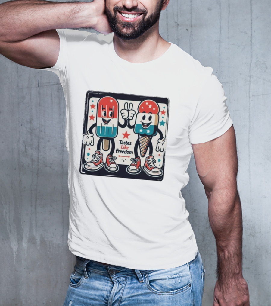 Tastes Like Freedom Popsicle And Ice Cream Characters With Stars And Sneakers T-Shirt