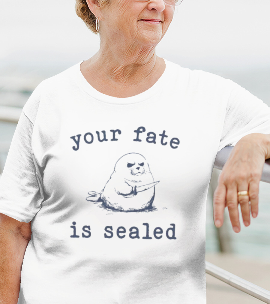 Your Fate Is Sealed Funny Pun With Grumpy Seal Holding Knife T-Shirt