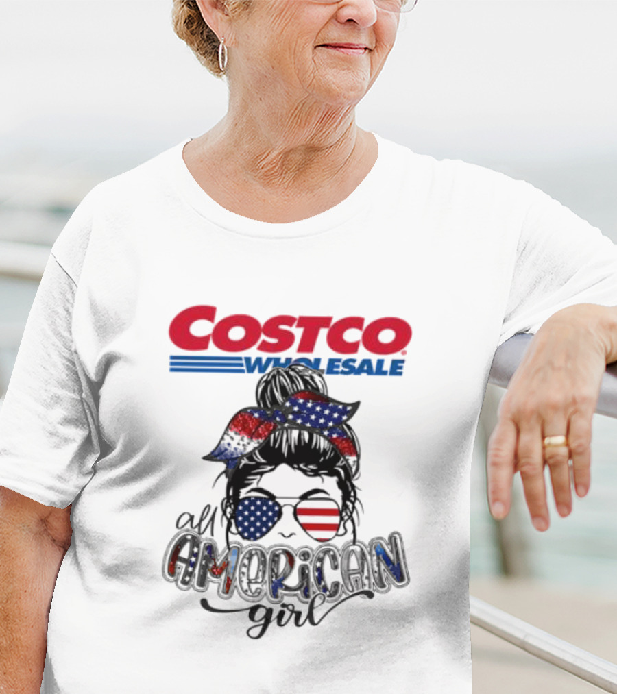 Costco Wholesale All American Girl Messy Bun Sunglasses Bandana USA Flag T-Shirt
