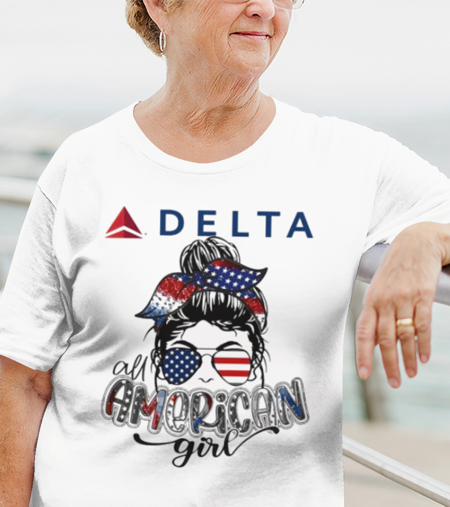 Delta Air Lines All American Girl Messy Bun Stars Stripes Bandana Sunglasses T-Shirt