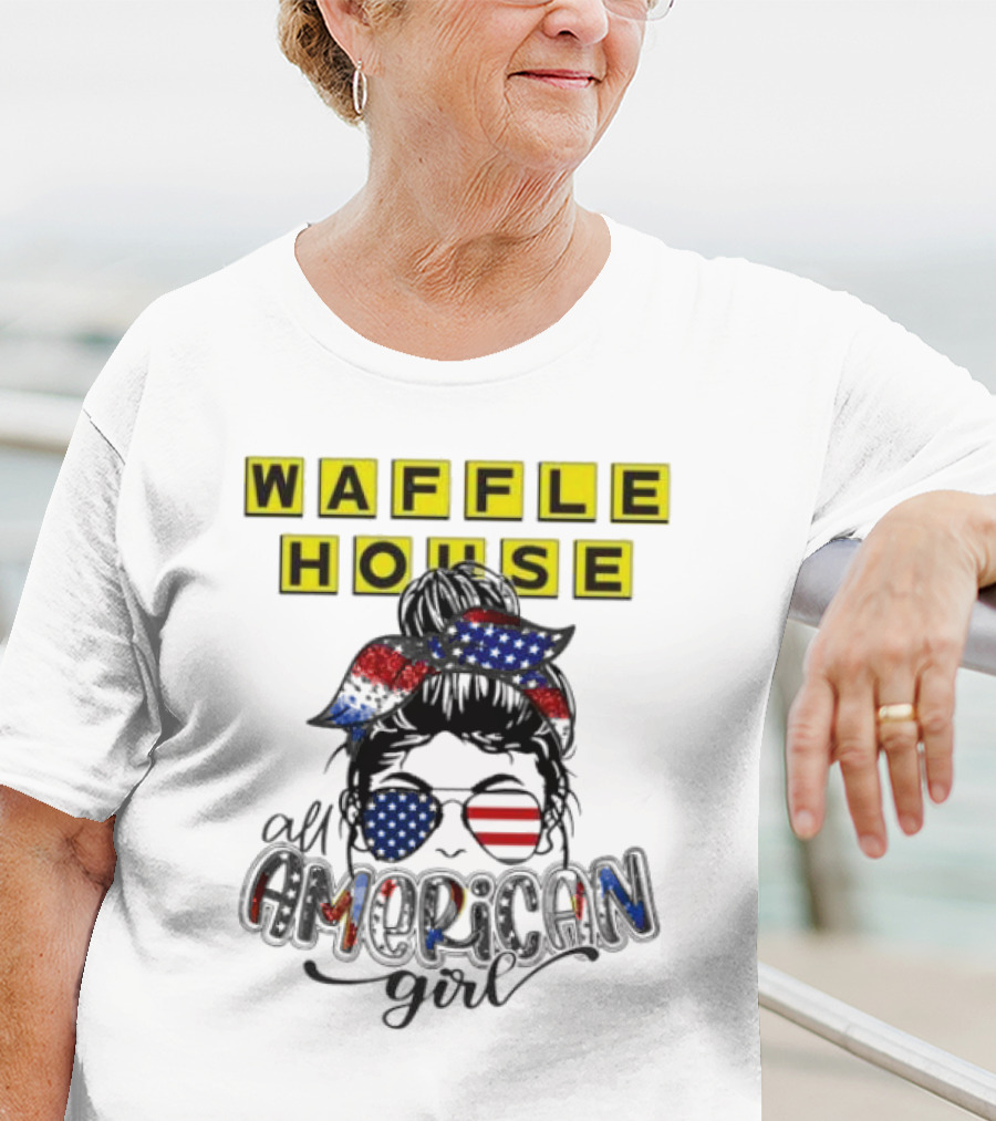 Waffle House All American Girl Messy Bun Patriotic USA Flag Glasses T-Shirt
