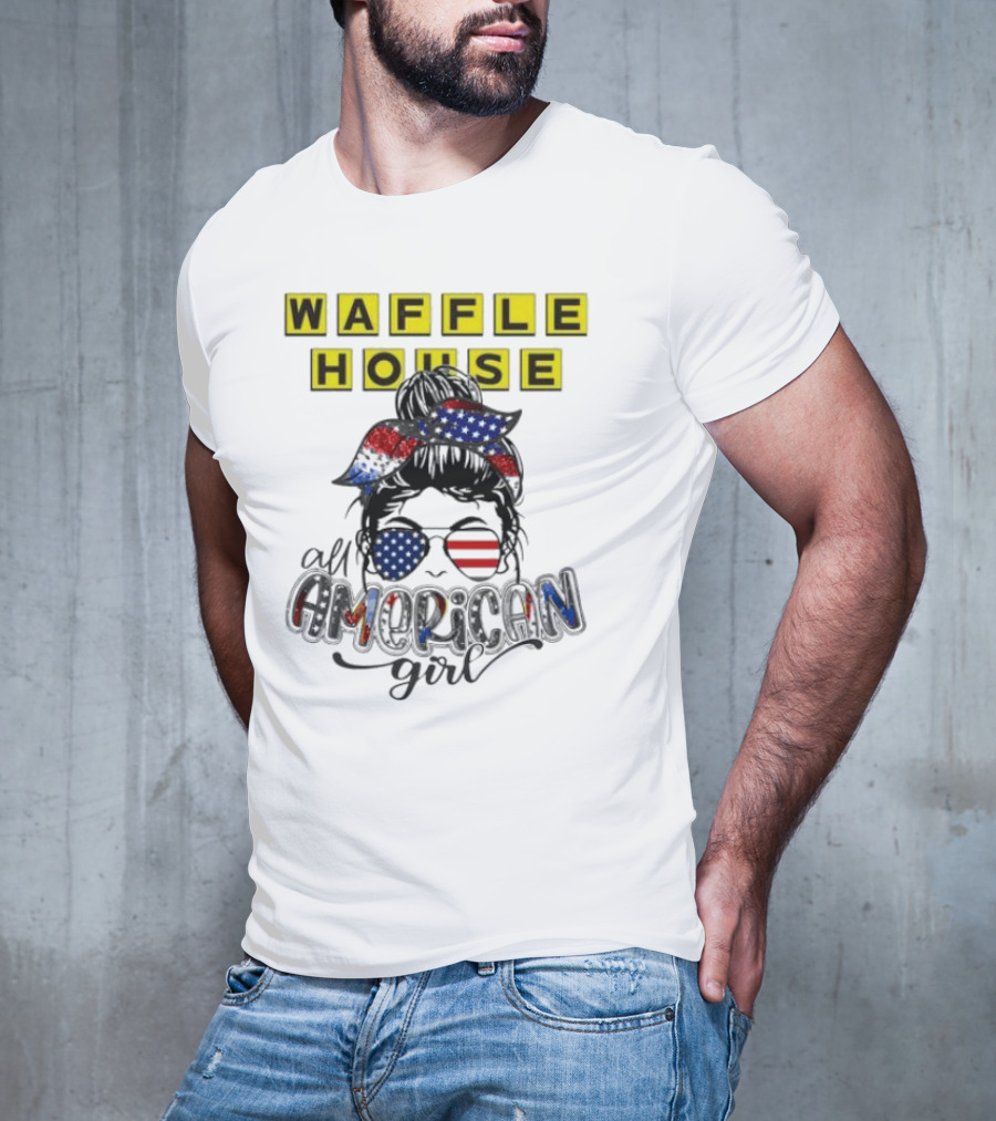Waffle House All American Girl Messy Bun Patriotic USA Flag Glasses T-Shirt
