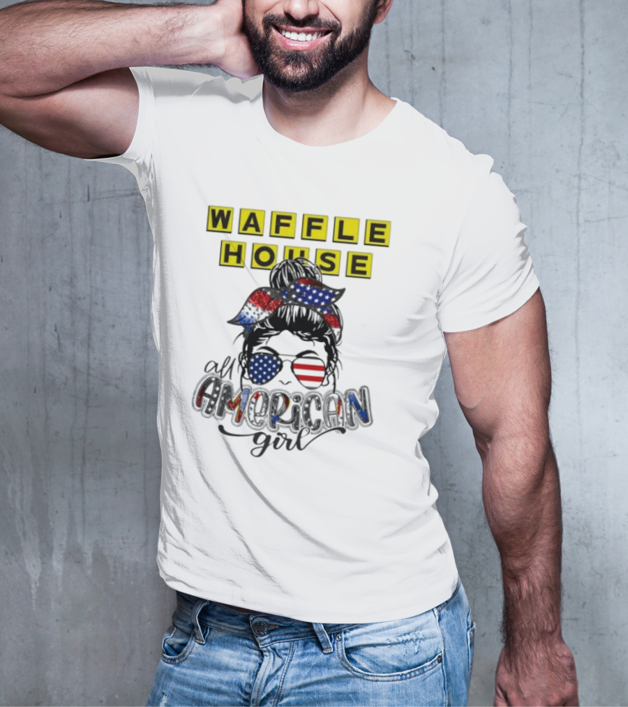 Waffle House All American Girl Messy Bun Patriotic USA Flag Glasses T-Shirt