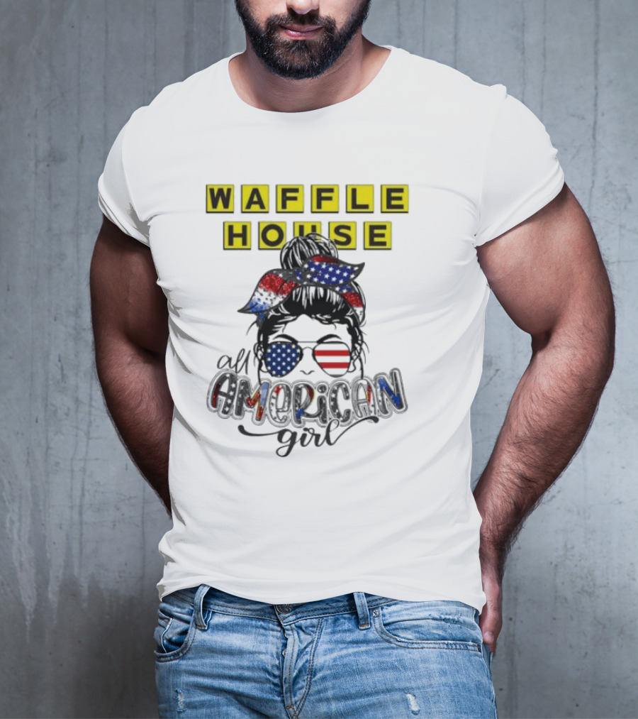 Waffle House All American Girl Messy Bun Patriotic USA Flag Glasses T-Shirt