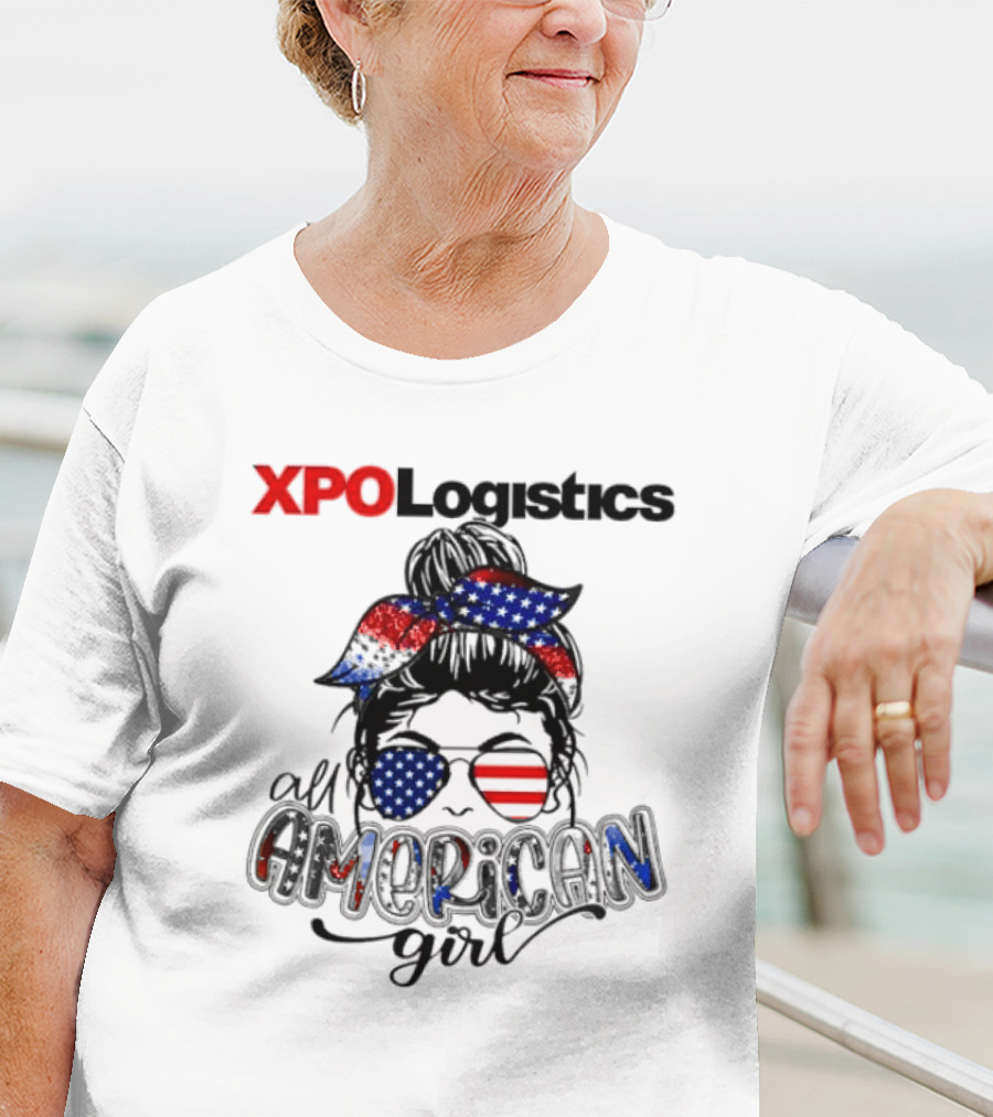 XPO Logistics All American Girl Messy Bun Red White Blue Glasses Stars Stripes T-Shirt