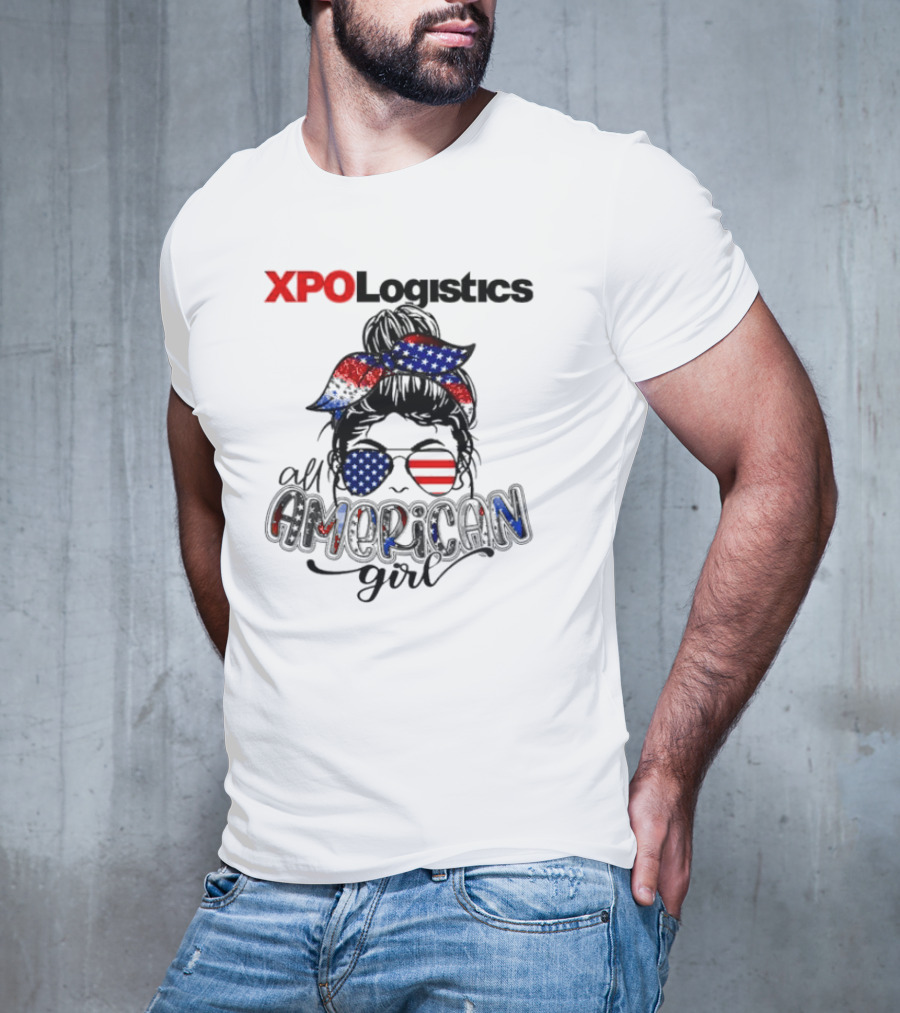 XPO Logistics All American Girl Messy Bun Red White Blue Glasses Stars Stripes T-Shirt
