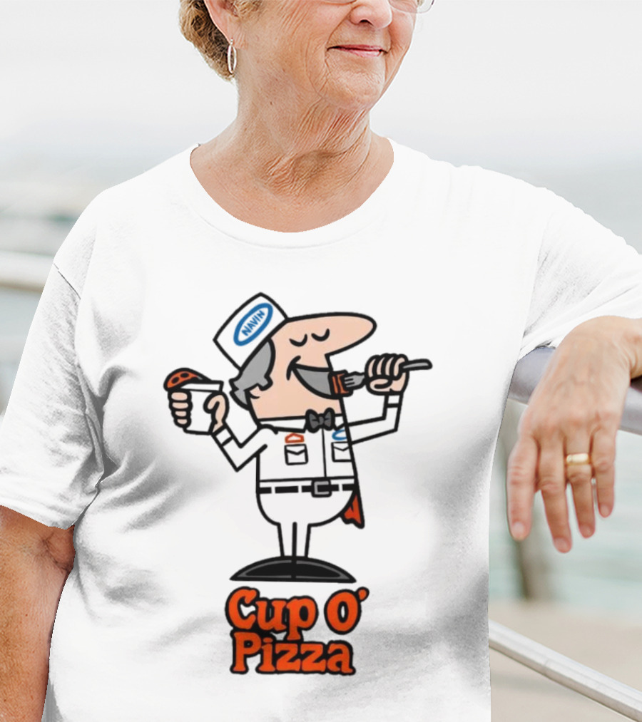 Cup O' Pizza Cartoon Character Eating From A Fork And Cup T-Shirt