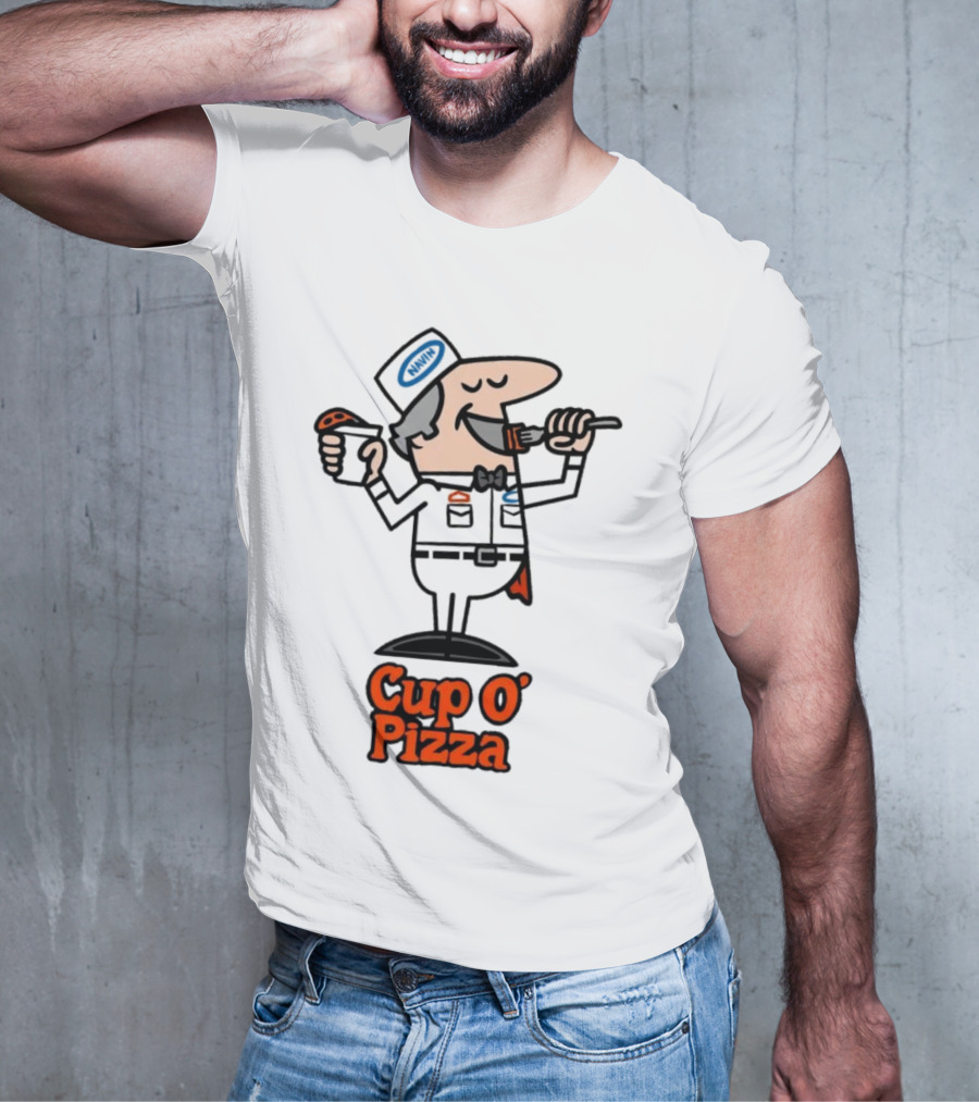 Cup O' Pizza Cartoon Character Eating From A Fork And Cup T-Shirt