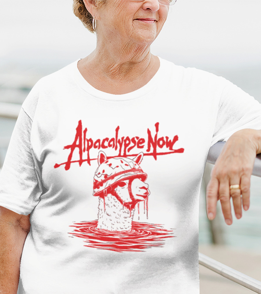 Alpacalypse Now Llama With Military Helmet Emerging From Water T-Shirt