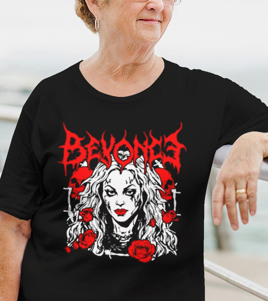 BEYONCÉ Rose Metal Gothic Style Skulls And Roses T-Shirt