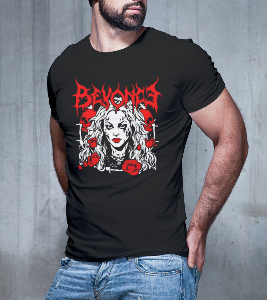 BEYONCÉ Rose Metal Gothic Style Skulls And Roses T-Shirt