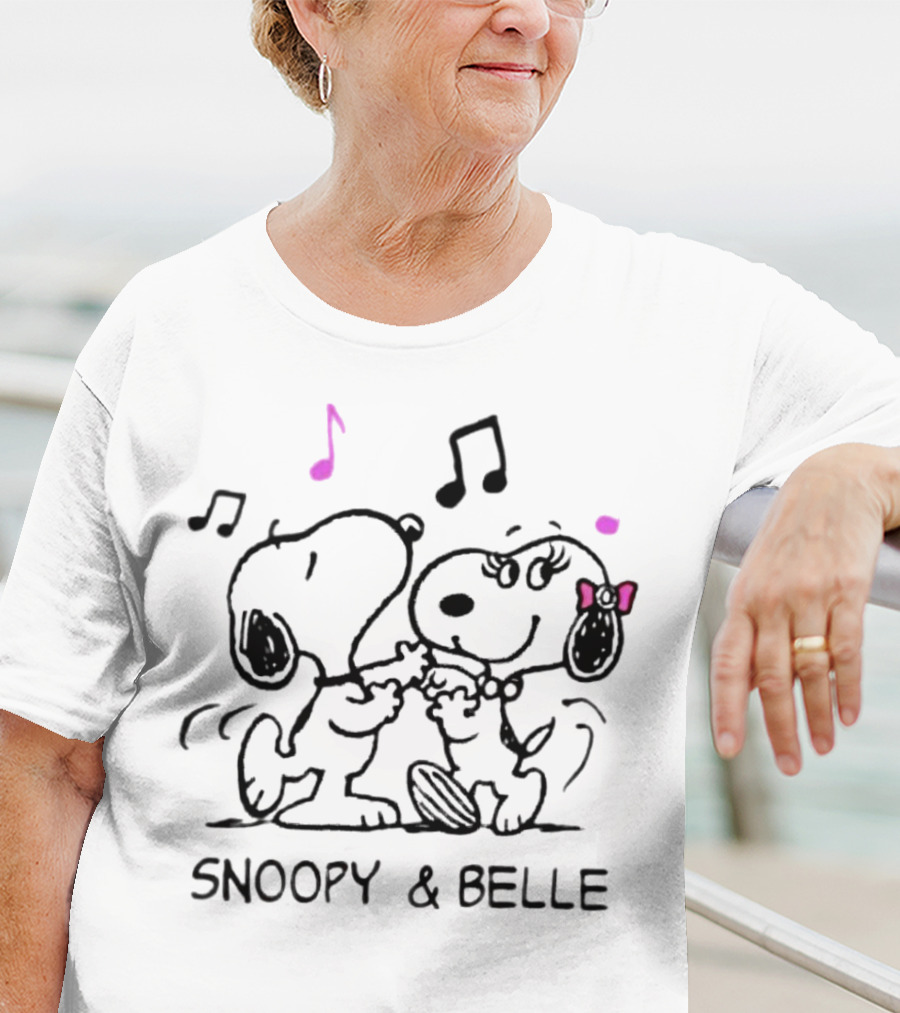 Snoopy And Belle Dancing With Musical Notes And Pink Accents T-Shirt