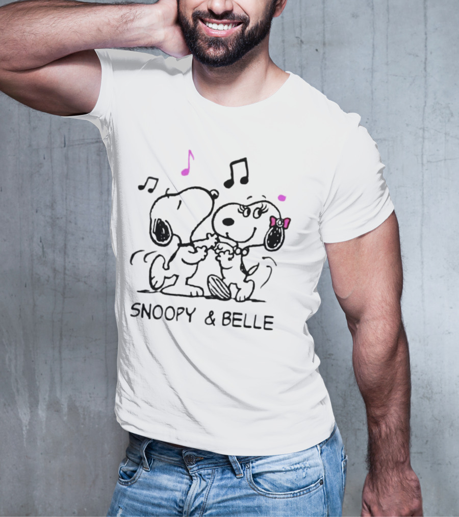 Snoopy And Belle Dancing With Musical Notes And Pink Accents T-Shirt