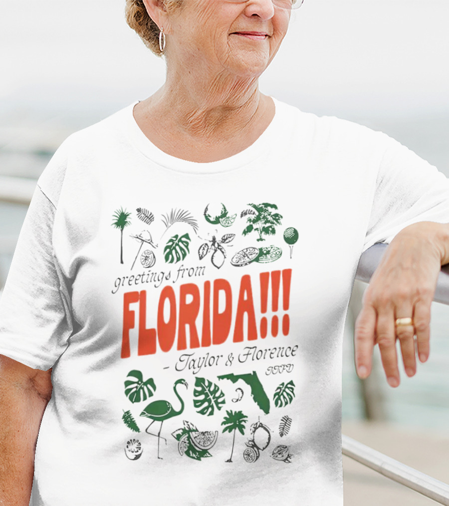Greetings From Florida Taylor And Florence TTPD Flamingo Palm Map Iconic Tropical T-Shirt