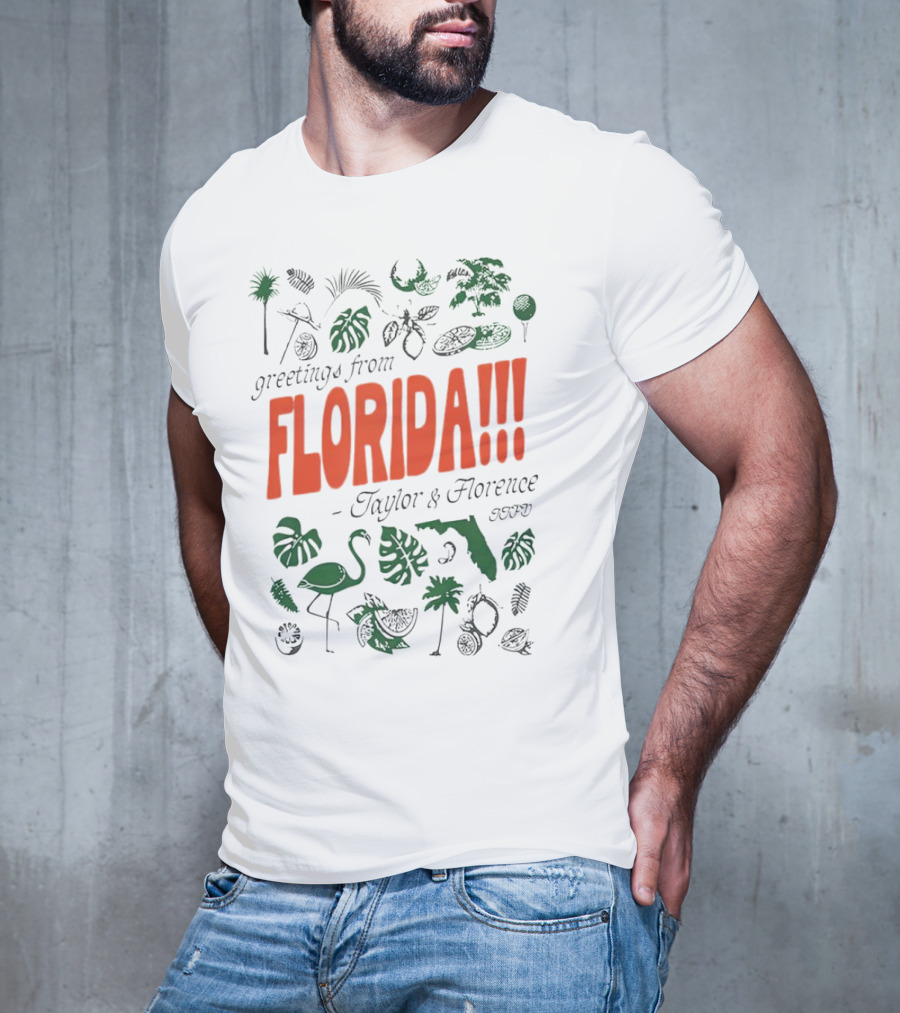 Greetings From Florida Taylor And Florence TTPD Flamingo Palm Map Iconic Tropical T-Shirt