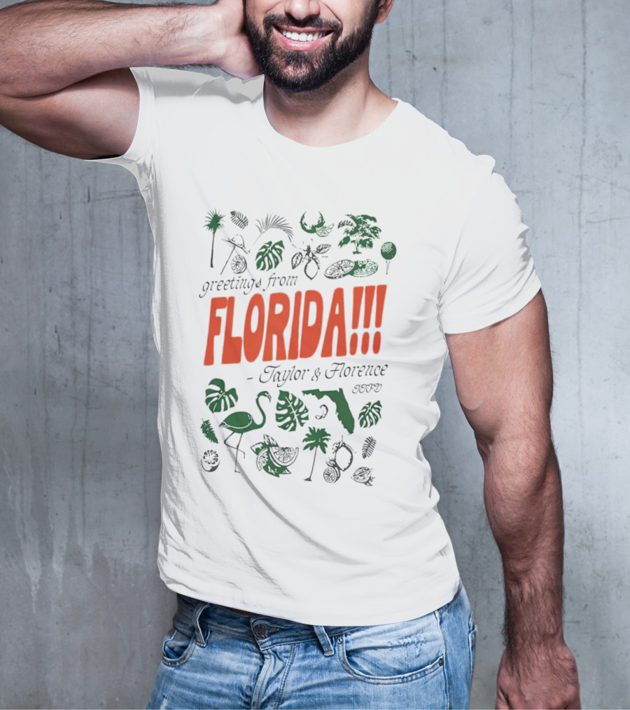 Greetings From Florida Taylor And Florence TTPD Flamingo Palm Map Iconic Tropical T-Shirt