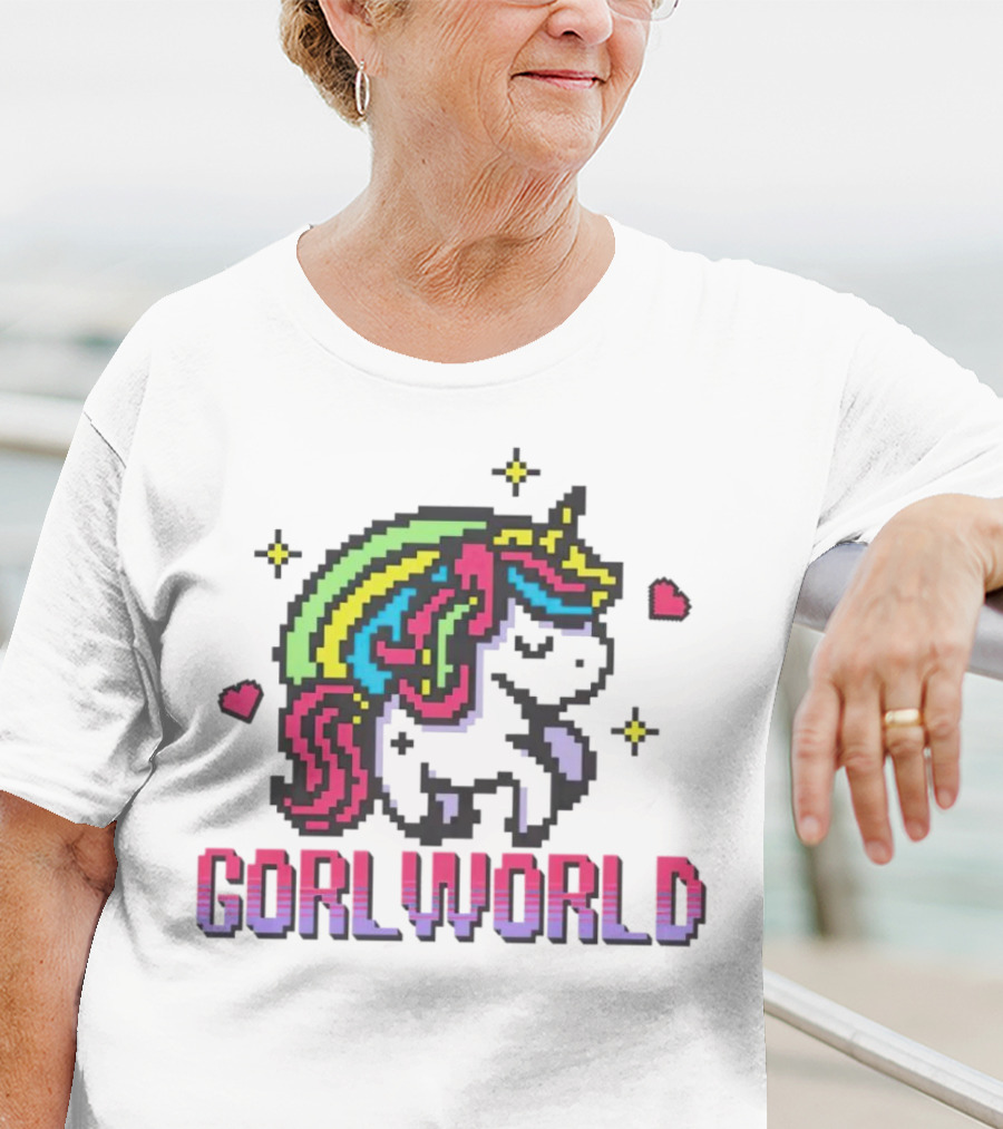 Gorl World Unicorn Retro Pixel Art Rainbow Hearts T-Shirt